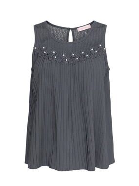 Bailey Black Pleated Chiffon Bodice & Mesh Tank Blouse w/ Crystal Detail